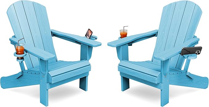 KINGYES Folding Adirondack Chair Set of 2, Dual Cup Holders & All-Weather HDPE, Wood-Like Patio Chair for Backyard, Camping, Pool & Fire Pit, Light Blue