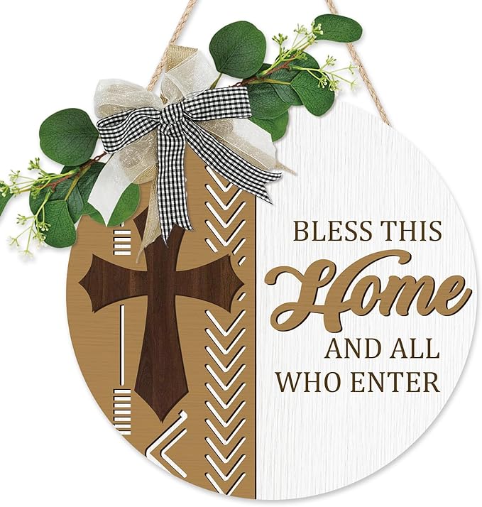 CHDITB Boho Bless This Home Front Door Sign Wreath(12"x12"), Wooden 3D Welcome Decoration Wall Hanging with Eucalyptus Leaves Plaid Bow, Rustic Religious Christian Cross Decor for Front Porch Outdoor