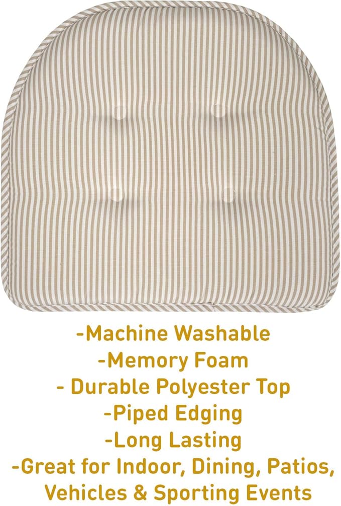 Sweet Home Collection Chair Cushion Memory Foam Pads Tufted Slip Non Skid Rubber Back U-Shaped 17" x 16" Seat Cover, 6 Pack, Pinstripe Taupe, (Pack of 2)