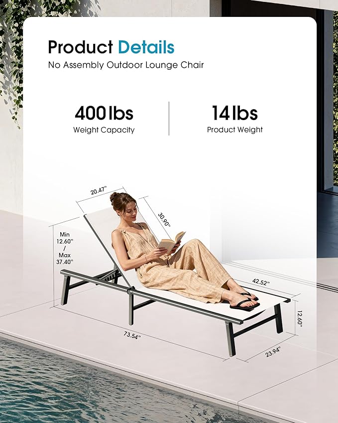 Ciokea Foldable Outdoor Lounge Chair Set of 2, No Assembly Aluminum Chaise Lounge Outdoor with 5 Adjustable Positions, Pool Lounge Chairs with Portable Design for Pool, Beach, Deck, Patio, White