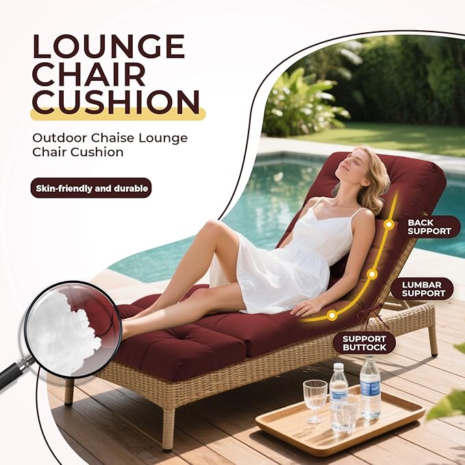 Outdoor Chaise Lounge Chair Cushion 74.4 x 22 x 4.7 Inches Non-Slip Lounge Chair Cushions for Outdoor Furniture with Ties, Patio Recliner Thickened Lounge Cushions for Indoor, Red