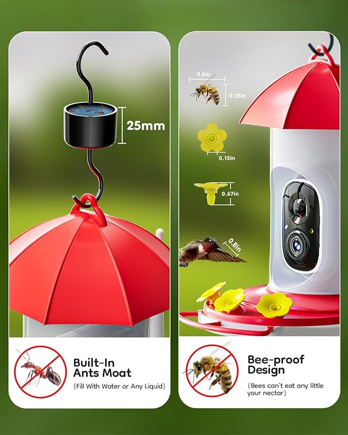 Hummingbird Feeder with Camera, Hummingbird Feeders for Outdoors with 2K Bird Watching Camera, AI Identify Species, Ant & Bee Proof, Instant Notification, Idea Gift for Bird Lover