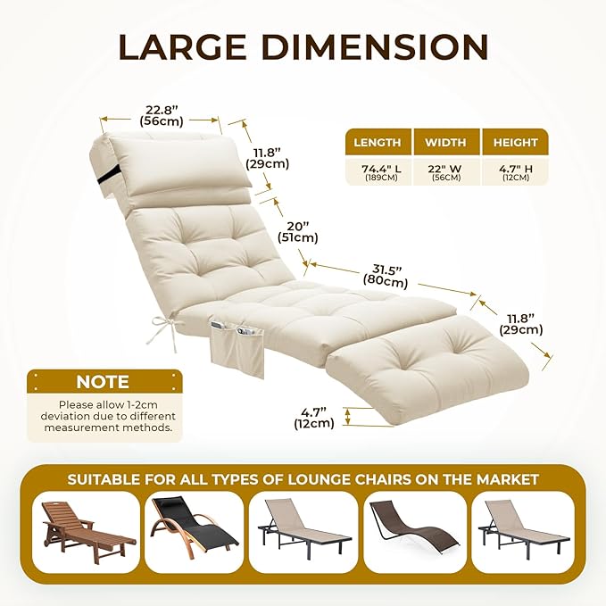 Outdoor Chaise Lounge Chair Cushion Waterproof 74.4 x 22 x 4.7 Inches Lounge Chair Cushions Thickened for Outdoor Furniture with Headrest and Pocket, Replacement Pool Lounge Cushions, Cream