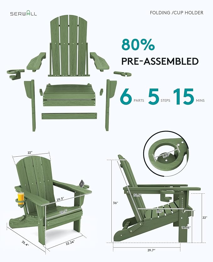 SERWALL Adirondack Chair with Cup Holders - Composite Adirondack Chairs Set of 6 HDPE Outdoor Chairs All Weather Use- Avocado