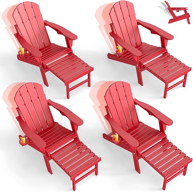 GREENVINES Adjustable Adirondack Chair with Retractable Ottoman Set of 4 | Folding | HDPE Plastic | Fire Pit Chairs w/Foot Rest | 2 Cup Holders | Red | for Outdoor Patio Poolside Deck
