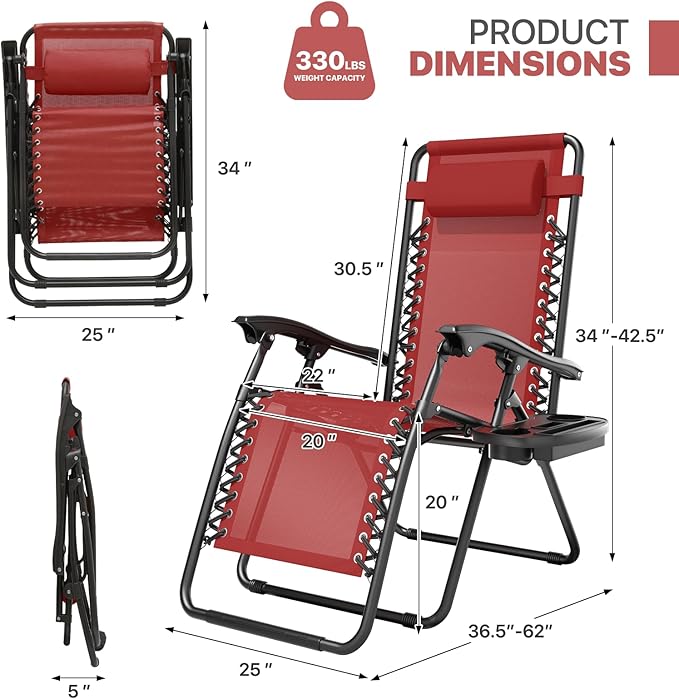 Magshion Zero Gravity Lounge Chairs Set of 2, Outdoor Patio Reclining Chair with Side Tray, Adjustable Anti-Gravity Recliners with Pillow Headrest, Folding Lounger for Lawn Camping Beach, Maroon