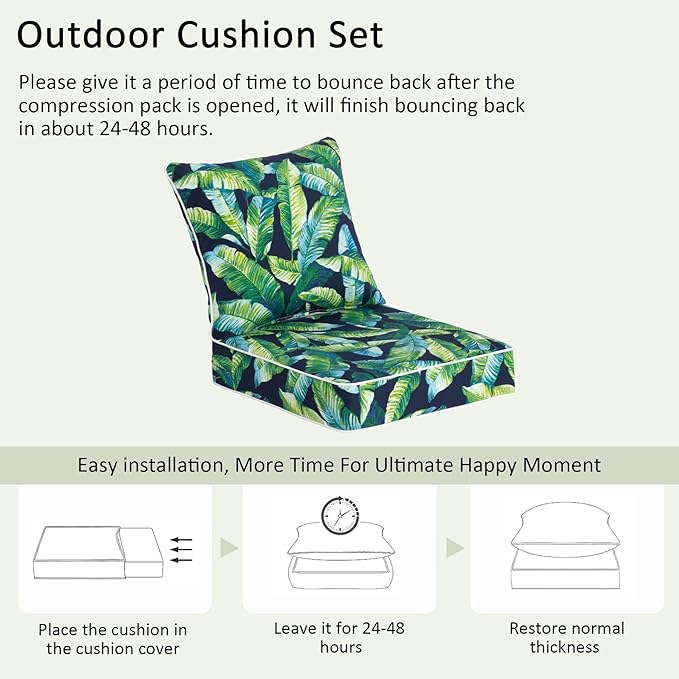 COZYVIDA Outdoor Deep Seat Cushion Set of 2, 22"x24" Seat & 23"x19" Back,Water-Resistant Breathable Fabric,UV-Resistant 1000+ Hrs, 30D Foam with Recycled Fiber Fill and YKK Zippers,Tropical Leaf