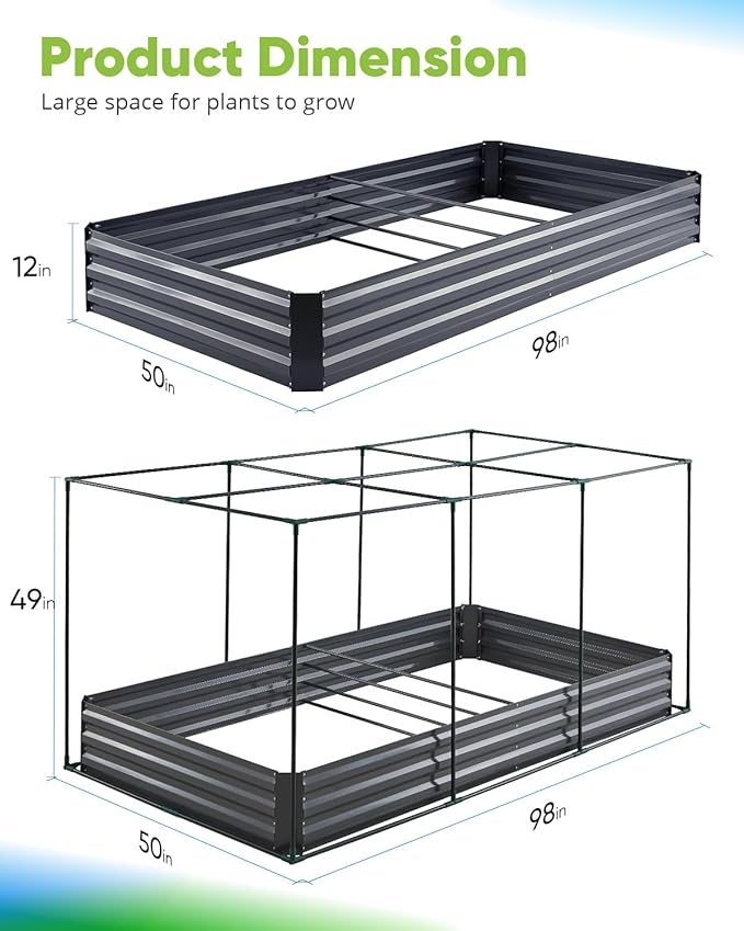 Quictent Galvanized Raised Garden Bed with Crop Cage Plant Protection Net Tent and Shade Cloth Kit Metal Planter Box Bottomless Planting Vegetables Outdoor Backyard Included T Tags Wing Nuts 8x4x1 Ft