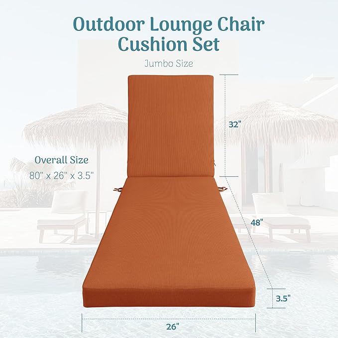 Codi Chaise Lounge Cushions Outdoor, Pool Lounges Chair Cushion Set, Waterproof for Patio Furniture, 80 x 26 x 3.5 Inch 1PK Spice