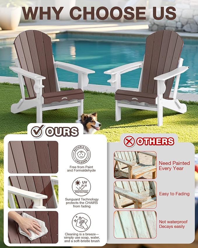 Folding Adirondack Chair –Recyclable HDPE Outdoor Adirondack Patio Chair with Cup Holder, Wood Texture & Umbrella Hole, 25-Year Fade-Free All Weather for Fire Pit, Porch, Poolside, Deck, Brown & White