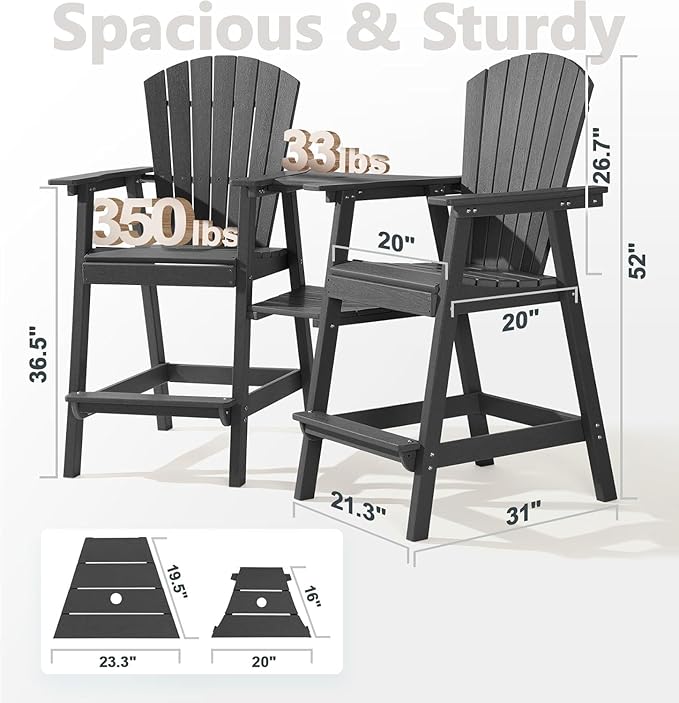 PASAMIC Tall Adirondack Chair Set of 2, All-Weather HDPE Outdoor Chairs with Removable Double Trays, Bar Height Adirondack Chairs for Balcony, Deck, Patio, Backyard, Dark Gray
