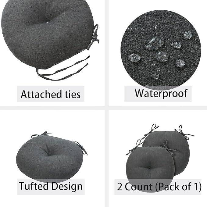 Bistro Chair Cushions 15 inch,Set of 2,Tufted Round Chair Cushions with Ties,15"x15"x4",Water Resistant Round Seat Cushion for Barstool Chairs,Patio Garden Kitchen Outdoor Furniture(Charcoal Gray)