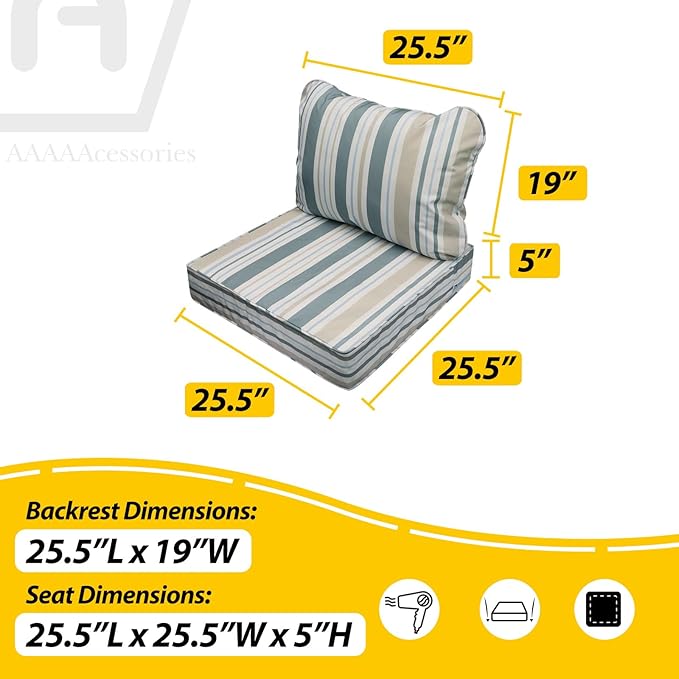AAAAAcessories Outdoor Seat Cushions for Chairs, Fade-Resistant, Waterproof Patio Furniture Replacement Cushions, 25.5" x 25.5" x 5" + 25.5" x 19", Set of 4, Slate Gray Blue Coastal Stripe