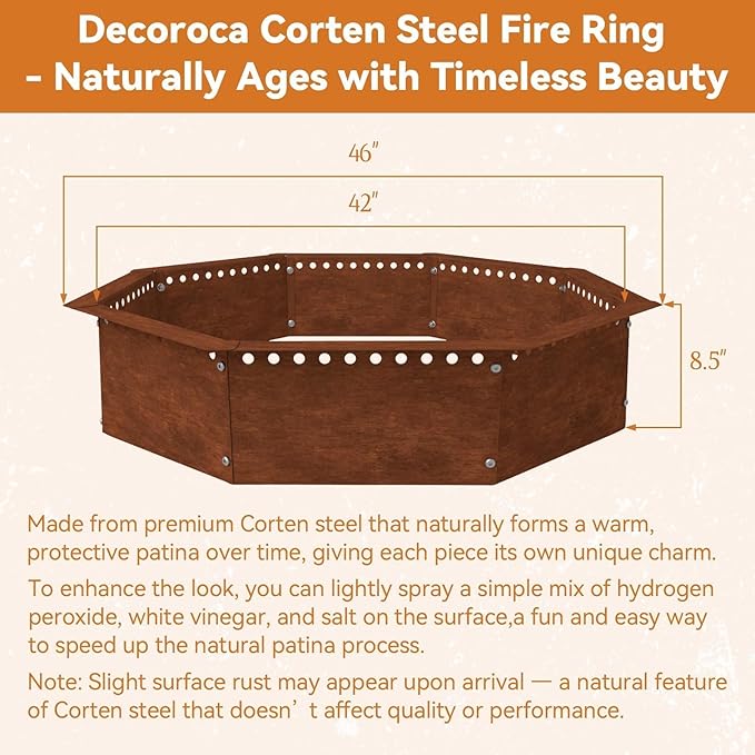 Heavy Duty Smokeless Fire Ring – 46 inch Outer/42 inch Inner Large Detachable & Portable Corten Steel Fire Pit Ring for Outdoor Camping & Bonfires – DECOROCA