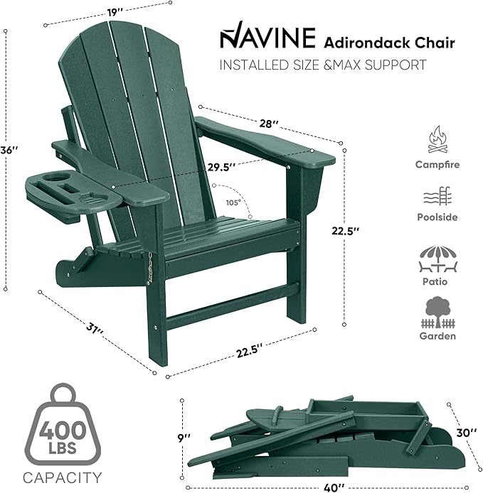 Adirondack Chair Set of 2, HDPE Folding Adirondack Chair with Multifunctional Cup Holder, Weather Resistant Fire Pit Chair for porches, patios, patios, poolsides, Decks.