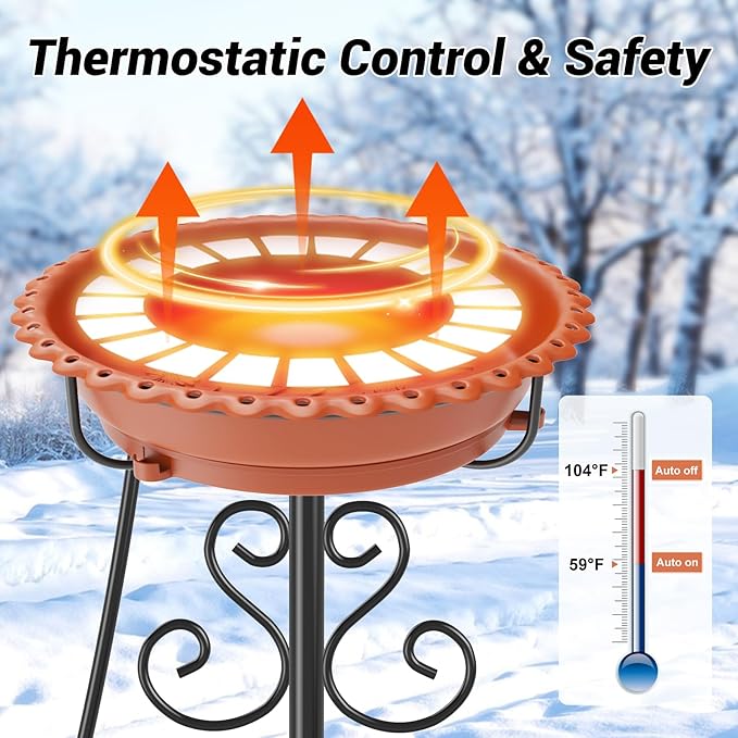 Heated Bird Baths for Outdoors,Upgraded 100W Thermostat Control Heated BirdBaths for Winter with Metal 5 Prong Base Heated Bird Bath for Outside Winter Garden Yard Patio Lawn (Brown)