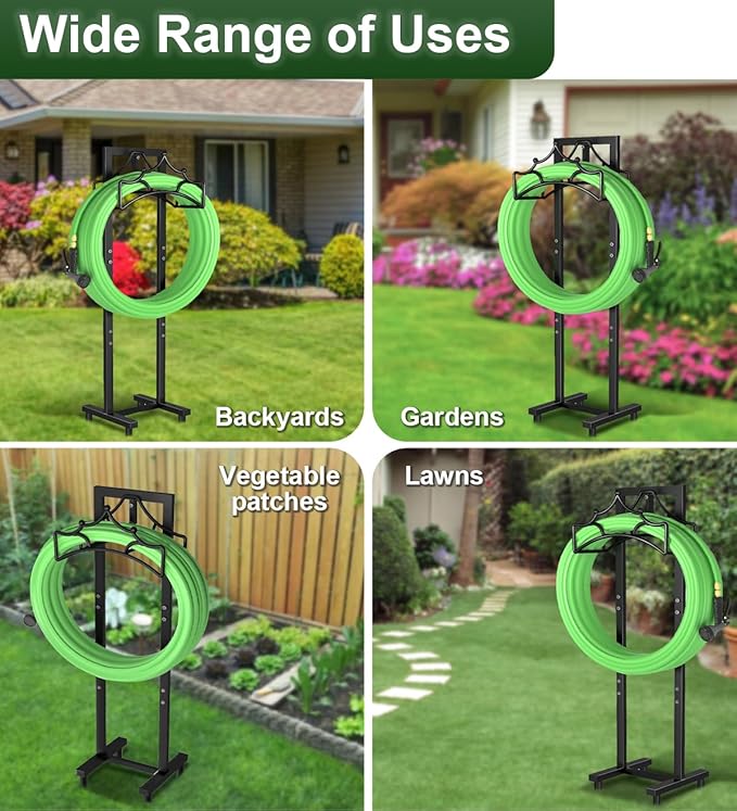 Garbuildman Garden Hose Holder With 4 Spikes, Freestanding Metal Hose Reel for Outside Garden, Detachable Water Hose Hanger Organizer for Yard Lawn, Shiny Black