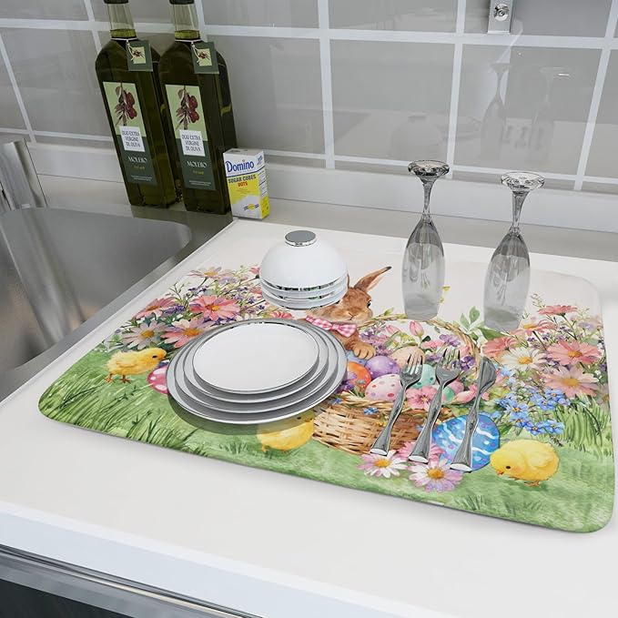 Easter Bunny Eggs Dish Drying Mat for Kitchen Counter 18x24 Inch Spring Flowers Large Microfiber Dish Drainer Rack Mats