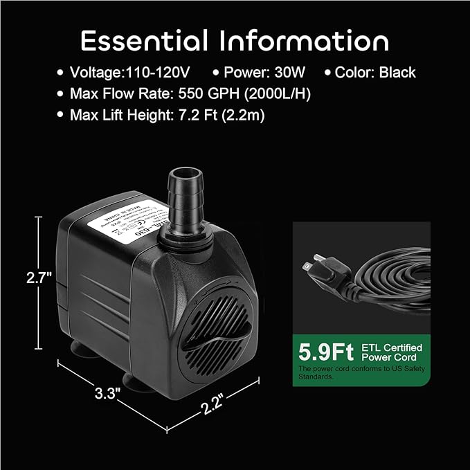 GROWNEER 2 Packs 550GPH Submersible Pump 30W Ultra Quiet Fountain Water Pump, 2000L/H, with 7.2ft High Lift, 3 Nozzles for Aquarium, Fish Tank, Pond, Hydroponics, Statuary