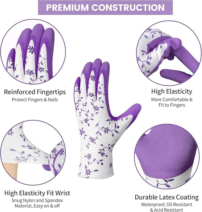 Pleneal Gardening Gloves for Women Men - 6/3 Pairs Garden Gloves with Grip, Latex Coated Working Glove, Medium Size