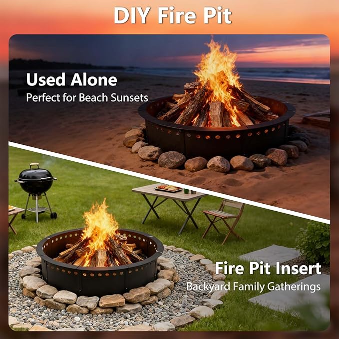 31 Inch Smokeless Fire Pit Ring Insert Outdoor, Heavy Duty Solid Metal Steel Round Firepit Rim Liner for Outside, 35 Inch Outer Diameter DIY Campfire Ring, Above or In-Ground, for Camping Garden Patio