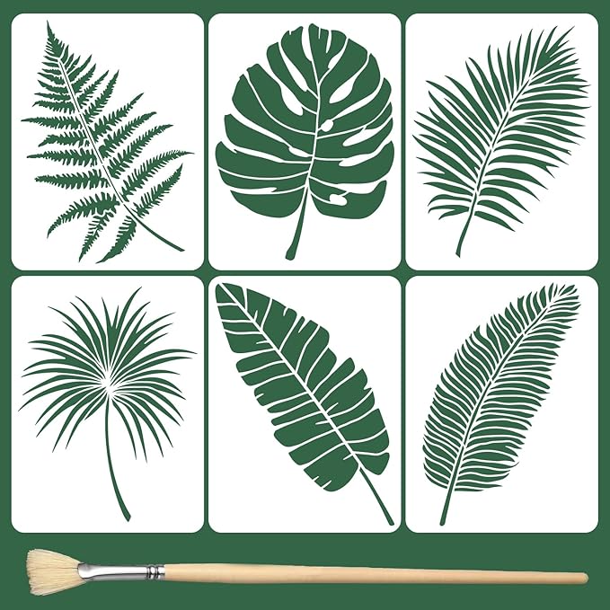 6PCS Large Leaf Stencils for Painting on Walls 16 x 12 Inch Plant Stencil with Brushes Palm Leaf Wall Stencil Tropical Leaves Stencils Plastic Drawing Templates for Wall Furniture Fabric