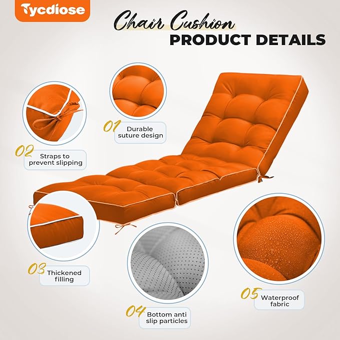 Outdoor Chaise Lounge Chair Cushion, Waterproof Non-Slip Patio Chaise Lounge Cushions for Outdoor Furniture, Thickened Patio Pool Lounger Chair Cushion, 76.4 x 22.8 x 4.7 Inches, Orange