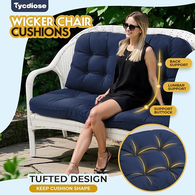 All Weather 3 Pieces Wicker Chair Cushions, Waterproof Outdoor Wicker Chair Cushion for Patio Furniture Loveseat Settee Bench, 1 Loveseat and 2 U-Shaped Thickened Cushions, Navy