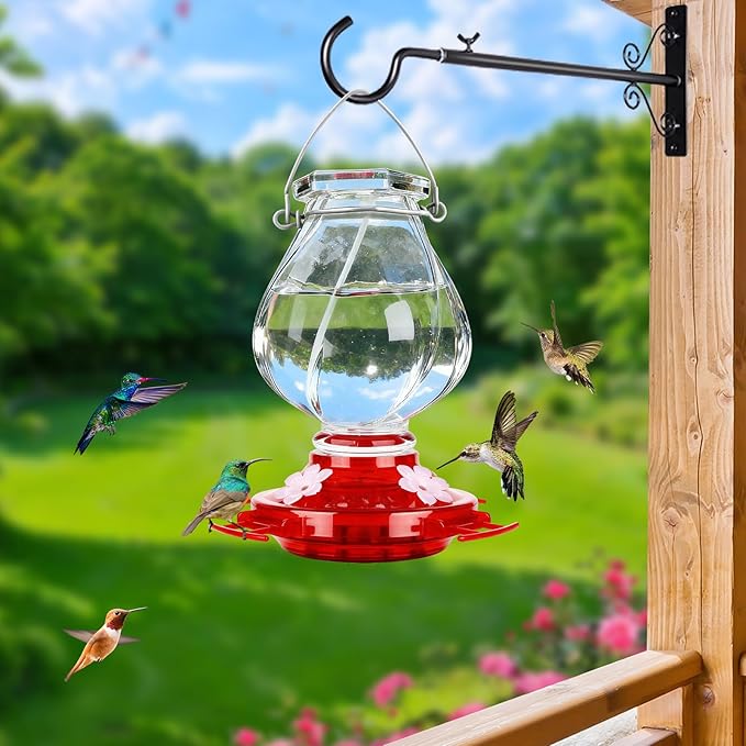 Hummingbird Feeder, BOLITE Glass Hummingbird Feeders for Outdoors Hanging, with Ant Moat and 4 Bee Guard Feeding Ports, 22oz, Leak Proof, Clear & Red, Birthday Gifts for Women Men, Gifts for Mom Dad