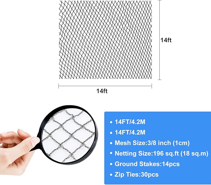 Pond Netting, 14 x 14 FT Pond Net for Koi Ponds, Garden Pool Fine Mesh Pond Netting for Leaves, Protects Koi Fish from Birds Cats Predators, with 14 Stakes and 30 Cable Zip Ties