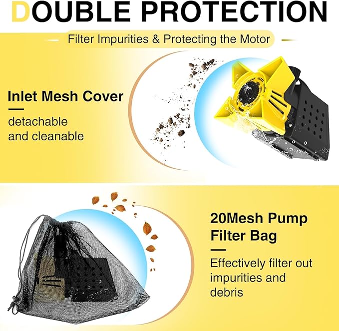 3200GPH Pond Pump, 200W Submersible Water Pump with 33FT Power Cord & Barrier Bag, 2 Hose Adapters, 20FT. Lift Height for Garden Ponds, Fountains, Waterfalls, Water Circulation (Yellow)