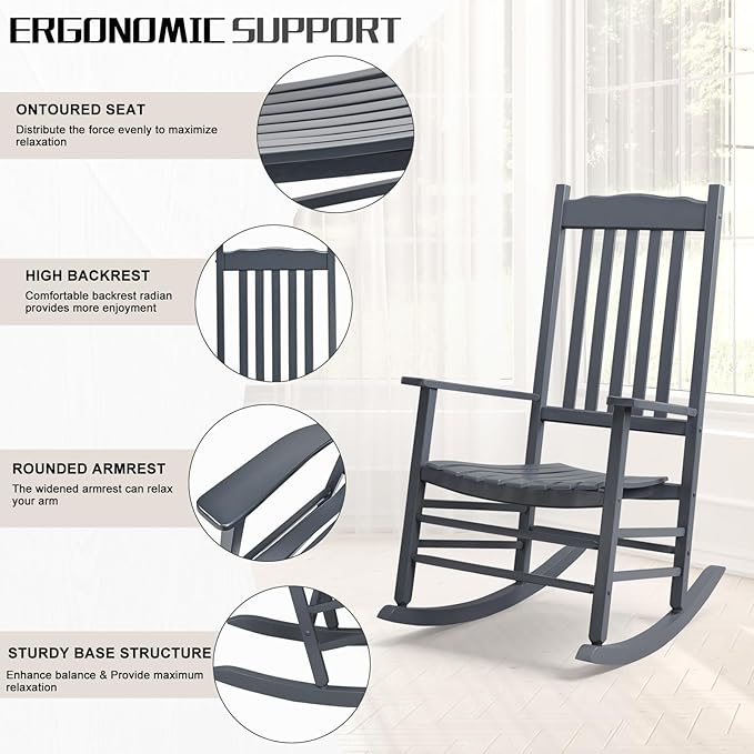 Outvita Outdoor Rocking Chair, Solid Wood High Back Rocker, All Weather Lounge Chair for Porch Patio Fire Pit Garden Backyard Deck Indoor, Wave Shape, Gray