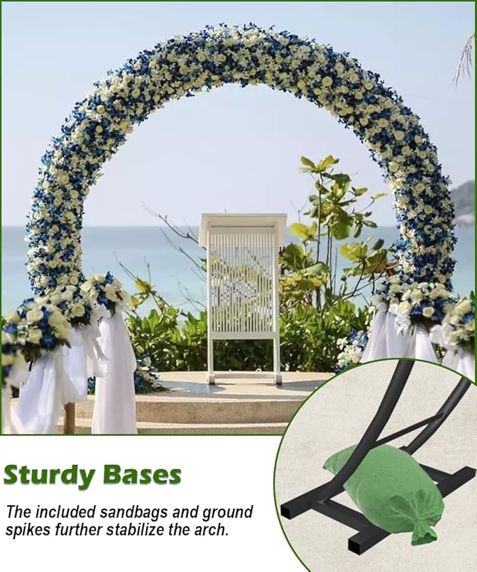 Queension Metal Wedding Arch | for Ceremony Party Decoration 8Ft Wide 7Ft High,Garden Arch Trellis with Ground Bases for Climbing Plants,Outdoor Garden Arbor for Roses Vines, Round Frame, Black