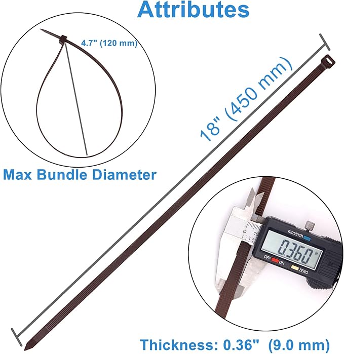 Cable Ties 18 Inch, Brown Zip Ties 40 Pieces, Thick 0.35 inch 175 Pounds Strength, Heavy Duty Outdoor Plastic Ties for Indoor Plants, Garden, Home