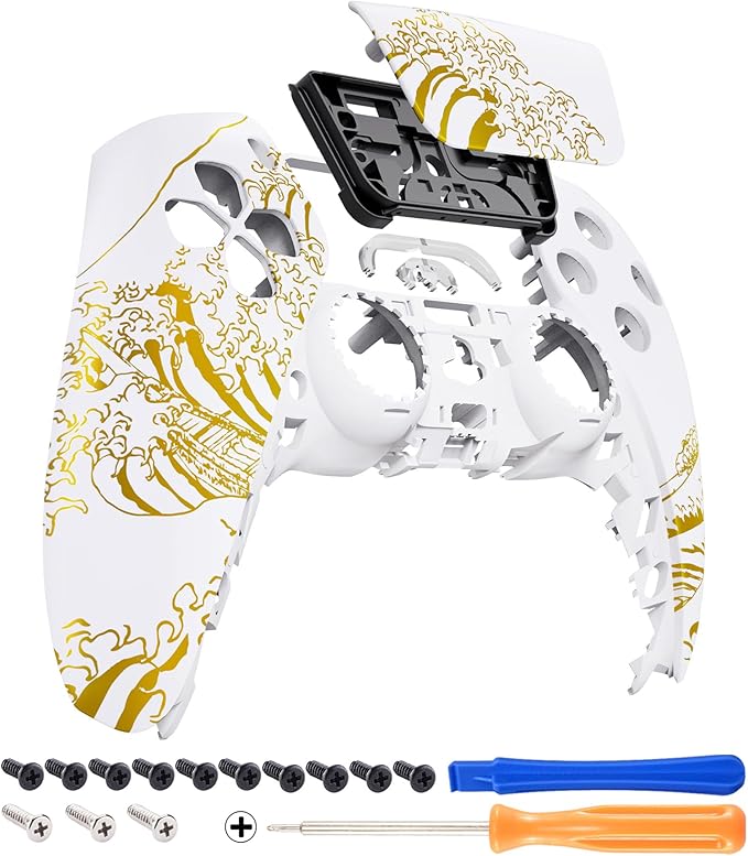 eXtremeRate Touchpad Front Top Shell Compatible with ps5 Controller BDM-010 020 030 040 050, The Great Golden Wave Off Kanagawa - White Replacement Shell Touch Pad Cover Compatible with ps5 Controller