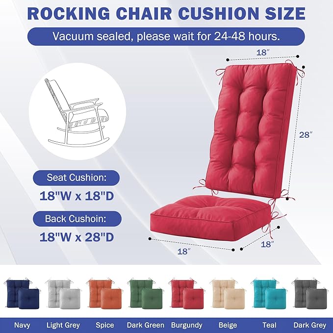 Rocking Chair Cushion, Waterproof and Fade-Resistant Patio Chair Cushions, Tufted Chair Pads for Rocker Furniture, 18x18 Inch, Indoor/Outdoor Seat Cushions with Ties, Burgundy