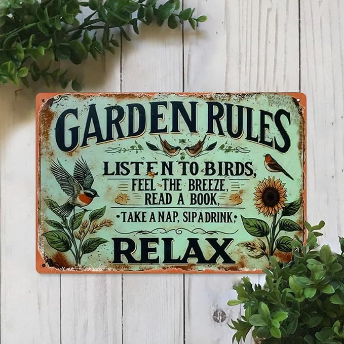 Garden Signs Vintage Metal Sign - Garden Rules Retro Gardening Signs for Outside Home Gardening Greenhouse Yard Outdoor Decor 8x12 Inch