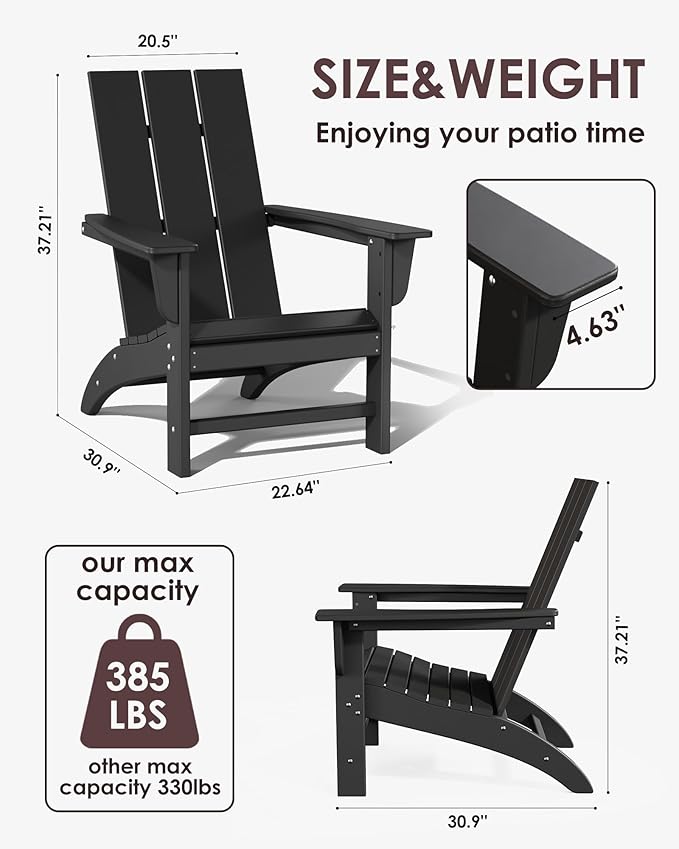 Poly Lumber Adirondack Chair with Cup Holder, All-Weather Resistant Outdoor Patio Chairs, Look Like Wood, Pre-Assembled Outdoor Fire Pit Chair for Pool, Deck, Backyard, Garden, Black