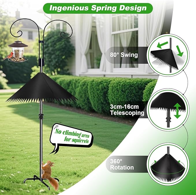 2 Pack Squirrel Baffle for Bird Feeder Pole, Outdoor Squirrel Guard with Stainless Steel Spring for Shepherd's Hook, Squirrel Stopper for Bird Houses, 19 inch Black