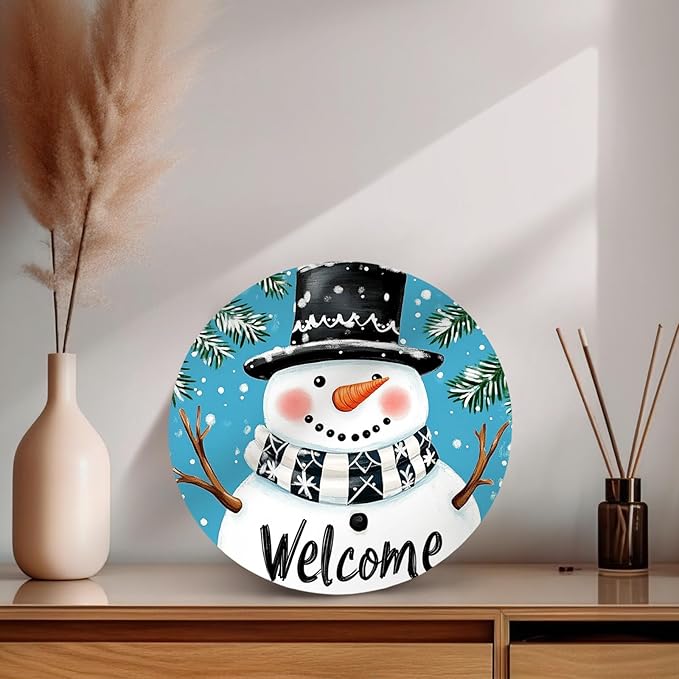 Winter Snowman Welcome Door Sign for Front Door Blue Snowman Snowflakes Wooden Door Hanger Holiday Hanging Porch Wall Sign Farmhouse Seasonal for Home Decorations 12 x 12 inch