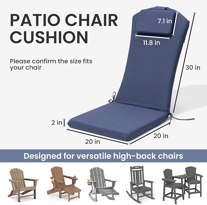 Crestlive 50x20 Inch Adirondack Chair Cushion with Headrest, Water Repellent, Fade Resistant, High Back Outdoor Rocking Chair Cushion for Patio, Sky