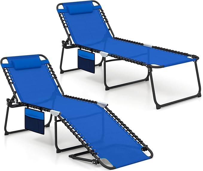 GYMAX Lounge Chair for Outside, 440lbs 27” Oversize Folding Beach Tanning Sunbath Chair with Adjustable Backrest & Removable Pillow, Lightweight Portable Patio Lounger for Lawn Poolside (Blue,2)