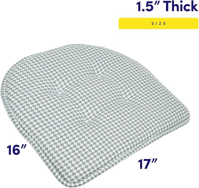 Sweet Home Collection Chair Cushion Memory Foam Pads Tufted Slip Non Skid Rubber Back U-Shaped 16.5" x 15.5" Seat Cover, 4 Count (Pack of 1), Houndsooth Pistachio