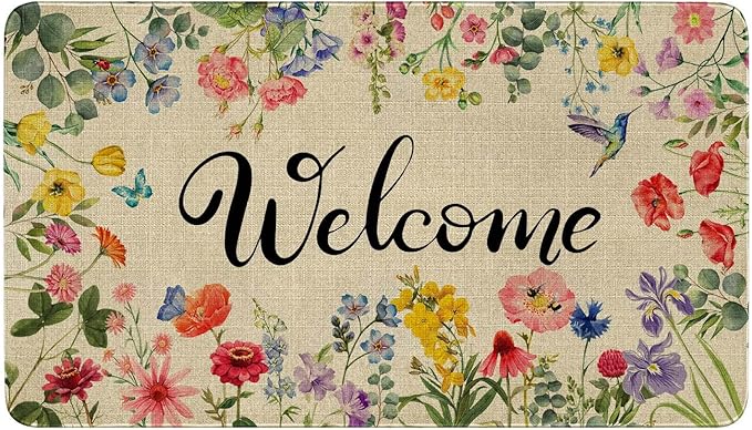 Spring Floral Decor Welcome Entrance Door Mat, Hello Summer Flower Home Decoration Non-Slip Indoor Outdoor Front Doormats Rug 17 x 30 Inch