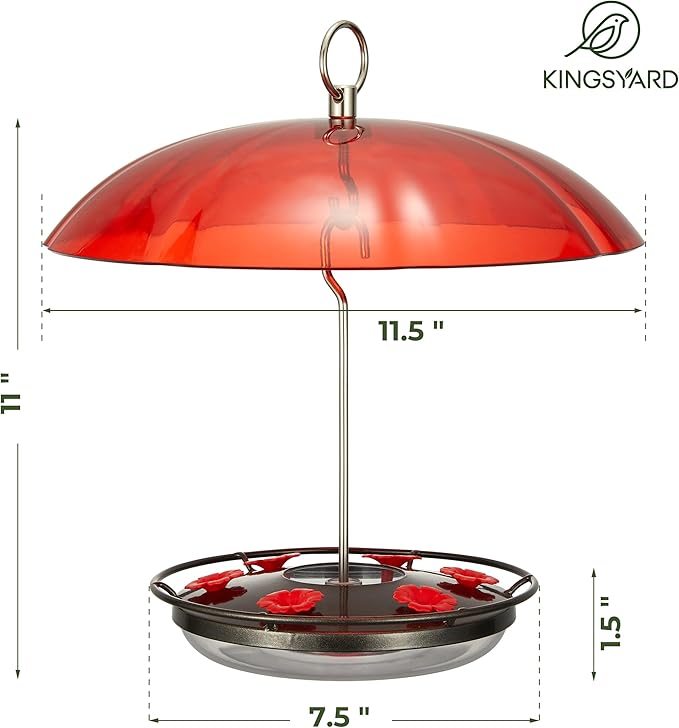 Kingsyard Weatherproof Hummingbird Feeder for Outdoors Hanging - Heavy Duty Metal lid with 6 bee Guard Feeding Ports & Circular Perch, Built-in Ant Moat, Easy to Refill & Clean (12oz/Black)