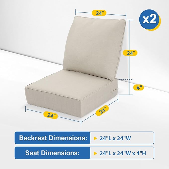 Outdoor Deep Seat Cushions Set of 2 for Patio Furniture, Waterproof & Fade Resistant Replacement Cushions with Removable Covers, 24 x 24 Inch, Beige