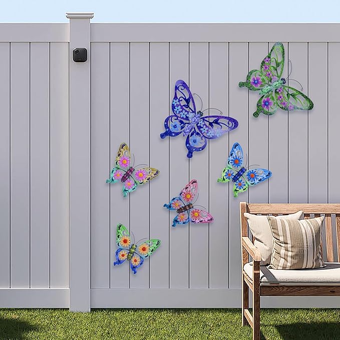 SUNREEK 6Pcs Metal Butterfly Wall Decor, 14Inch/9Inch Outdoor Butterfly Wall Art for Fence Garden Yard Room Patio Balcony Decorations