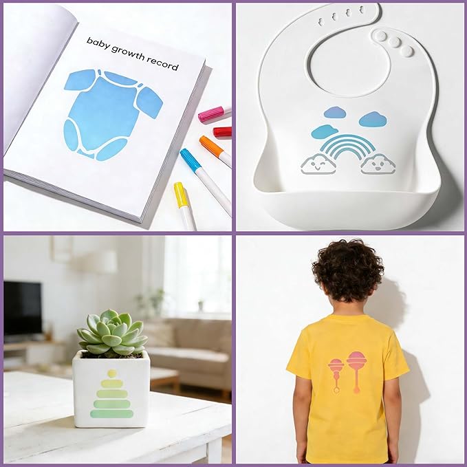 56 Pcs Baby Shower Stencils, 3x3in Reusable Small Onesie Stencils Bodysuit Bib Shirts Cakes Stencil, Cute Baby Stencil Onesies Templates for Painting on Wood Wall Fabrics DIY Home Decors Arts Crafts