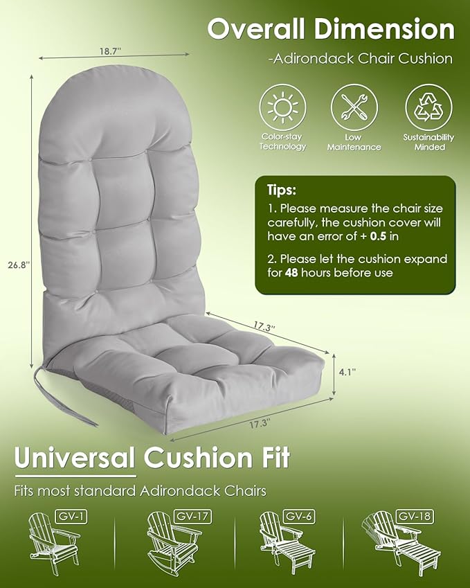 GREENVINES Adirondack-Chair-Cushions-Set-of-2 | Polyester | Waterproof | Outdoor High Back Rocking Chairs Cushion | Seat with Ties | Non-Slip | Thickened Pad for Patio | 44.5" x 17.3" x 4.1" | Gray