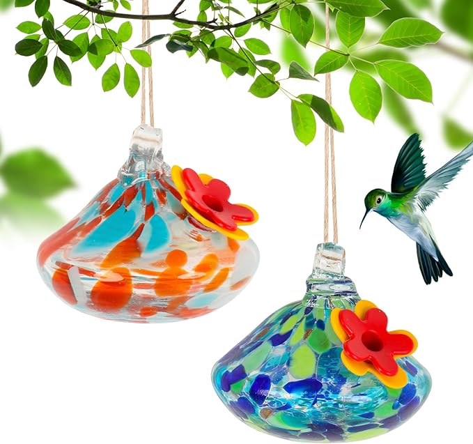 2 Pcs Blown Glass Hummingbird Feeder for Outdoors Hanging, Ant & Bee Resistant Window Bird FeederHandmade Garden Decor Gift for Women - Small Round Glass Feeders Bundle